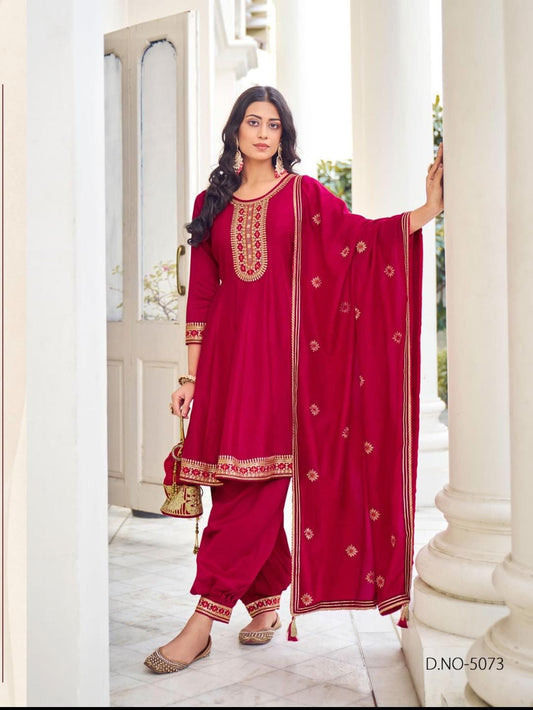 Silk Anarkali Suit with Afgani Bottom and Dupatta Pink