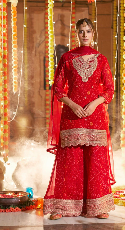 Embroidery Sharara Set - Party Wear | Wedding wear | Red