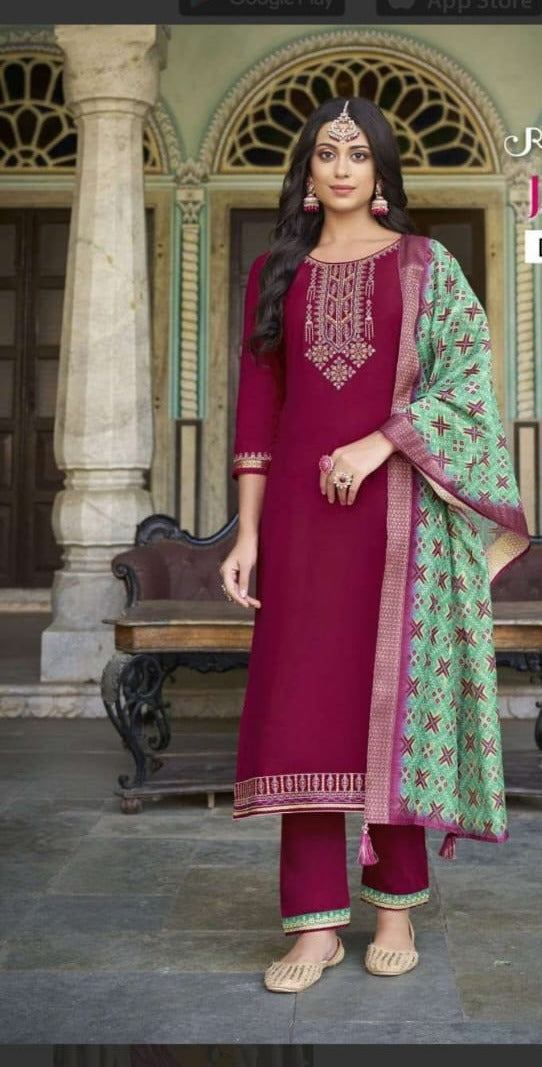 Silk Suit with Beautiful Embroidery and Chunari print Dupatta