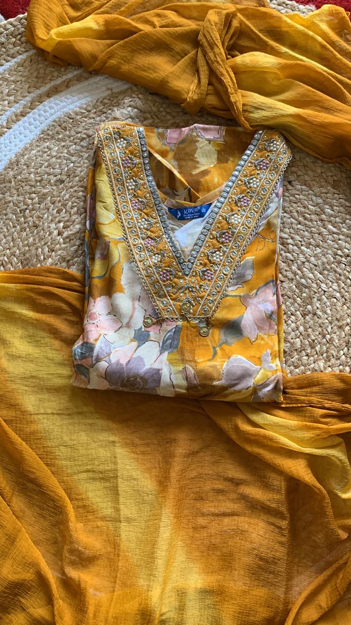 Kurti Pant Dupatta Set Yellow