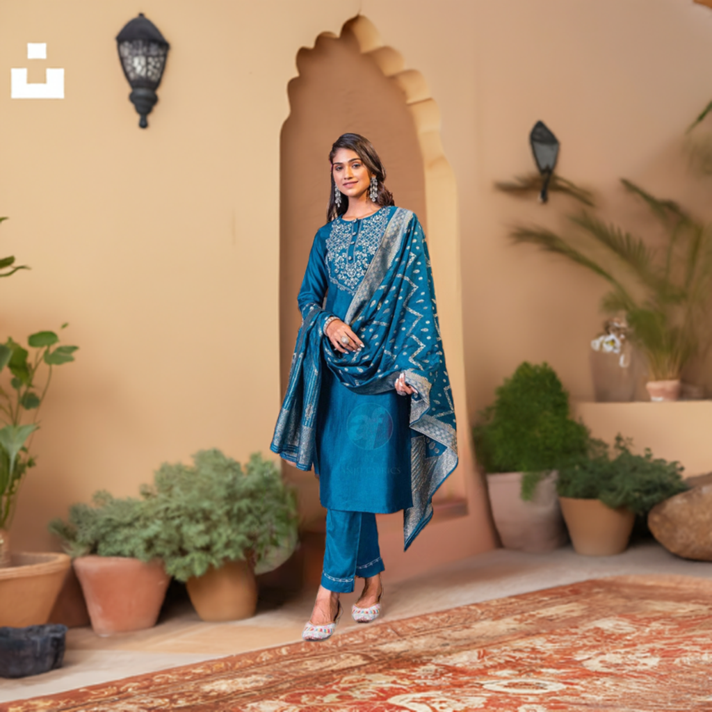 Beautiful Blue Suit with Brocade Dupatta