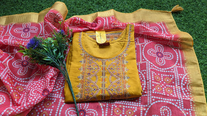 Silk Suit with Beautiful Embroidery and Chunari print Dupatta