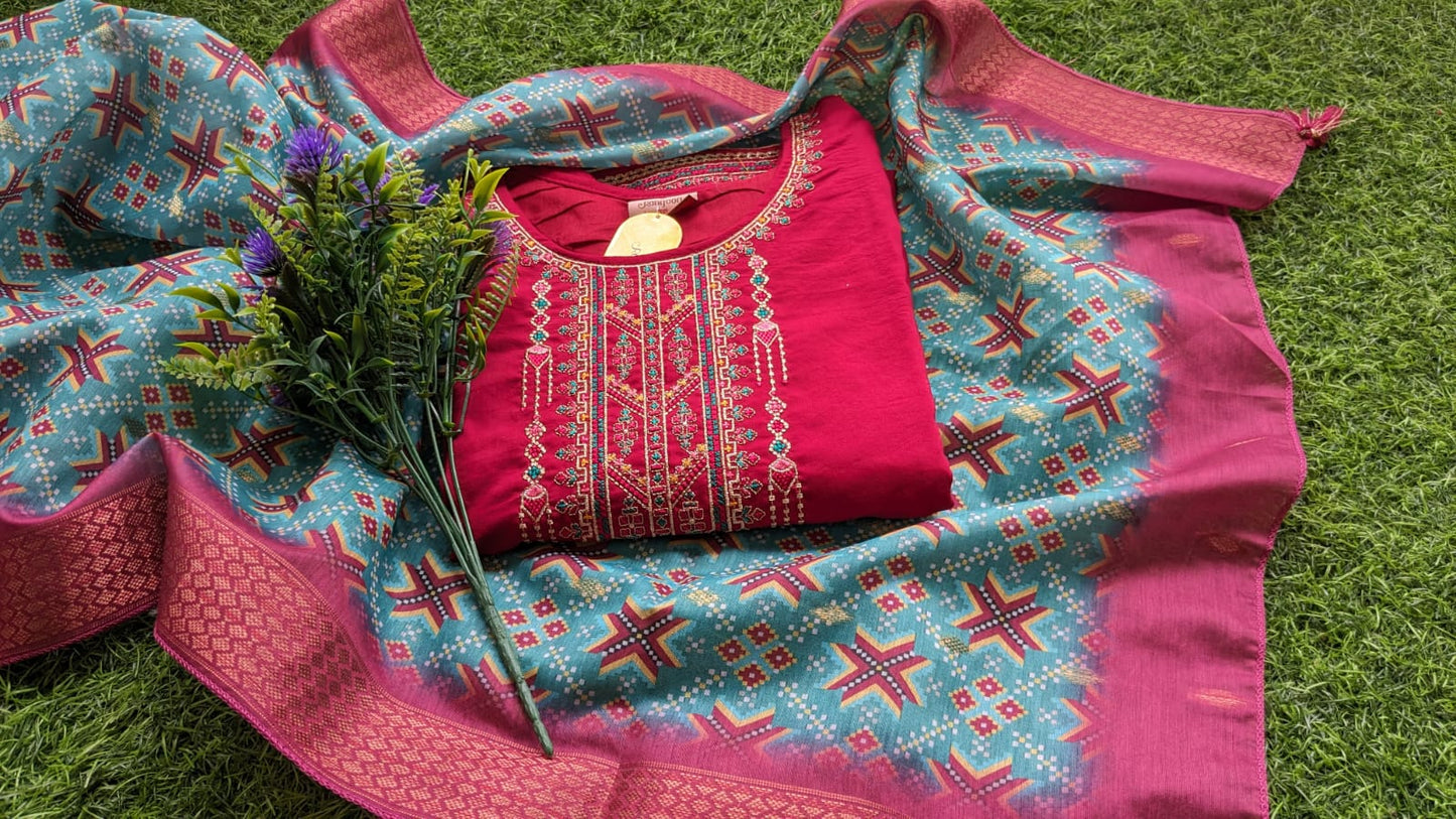 Silk Suit with Beautiful Embroidery and Chunari print Dupatta