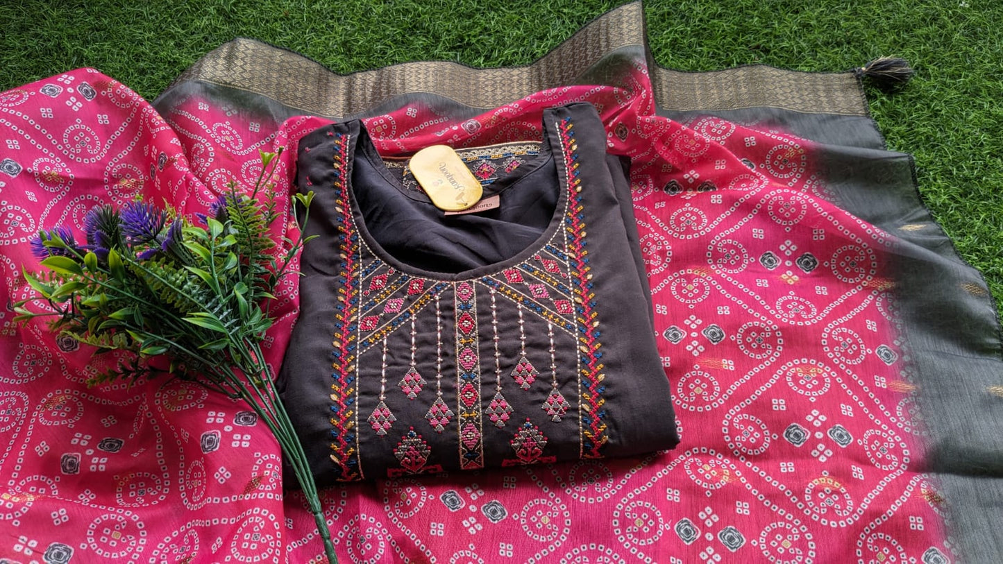 Silk Suit with Beautiful Embroidery and Chunari print Dupatta