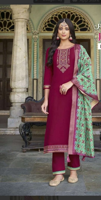 Silk Suit with Beautiful Embroidery and Chunari print Dupatta