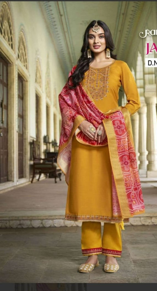 Silk Suit with Beautiful Embroidery and Chunari print Dupatta