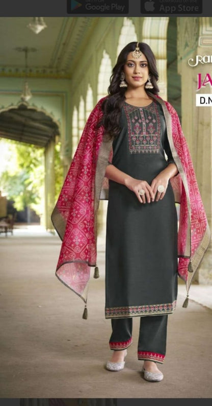 Silk Suit with Beautiful Embroidery and Chunari print Dupatta
